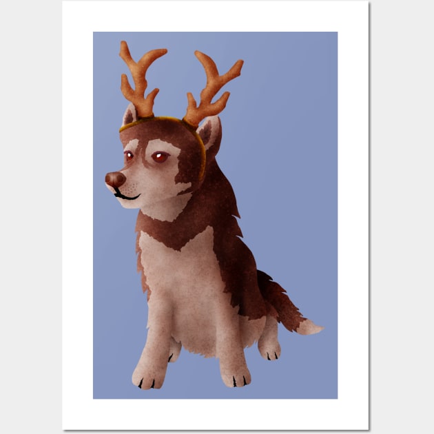 Husky wearing deer antlers Wall Art by CleanRain3675